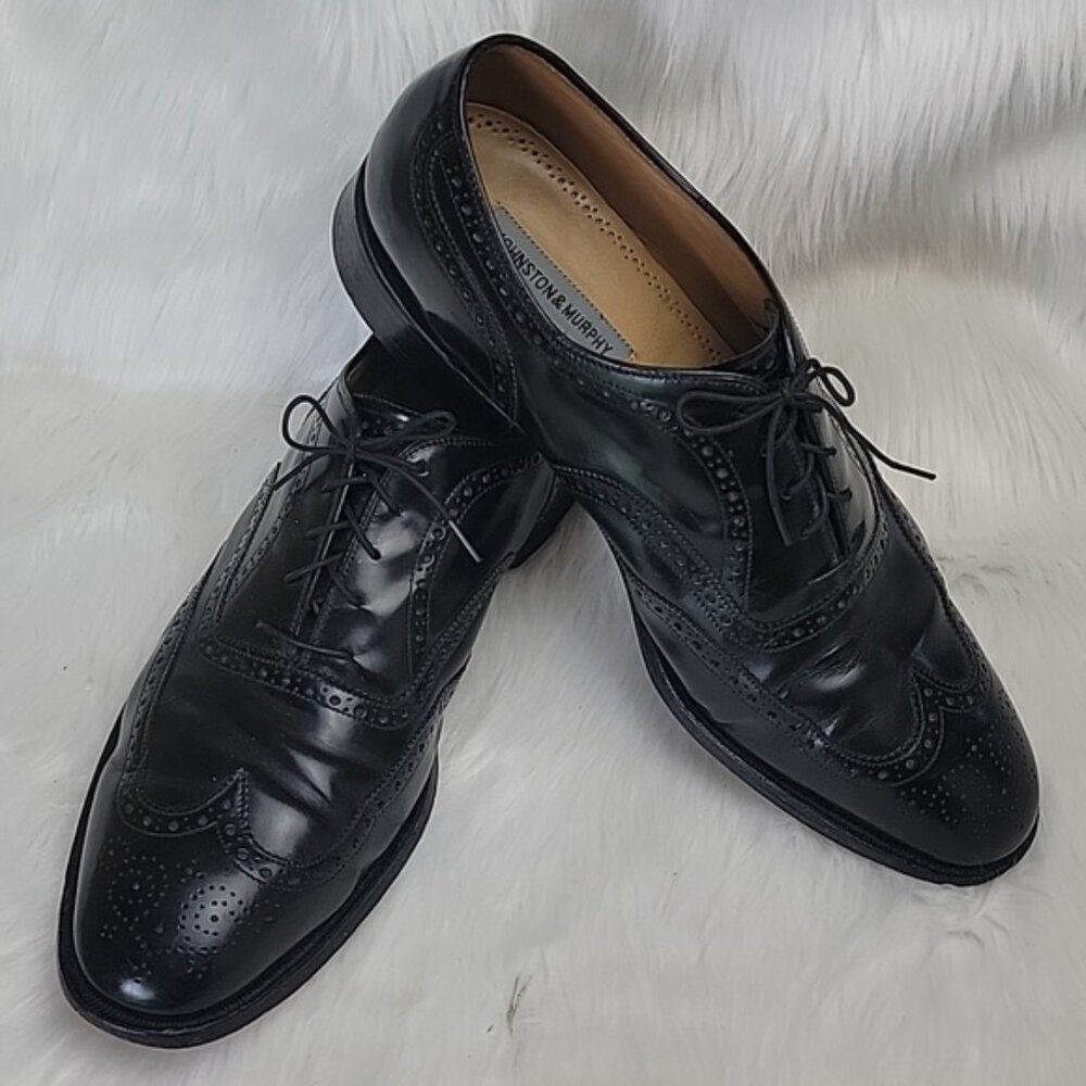 JOHNSTON & MURPHY Black Leather Wingtip Lace Up Oxford Office Formal Shoes 13D/B